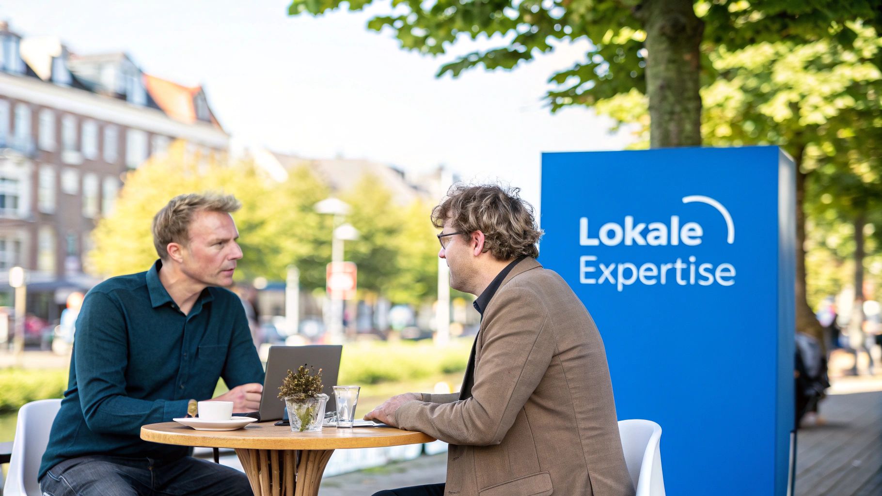 Twee mannen bespreken werkzaken buiten aan een tafel met een laptop en een bord 'Lokale Expertise'.