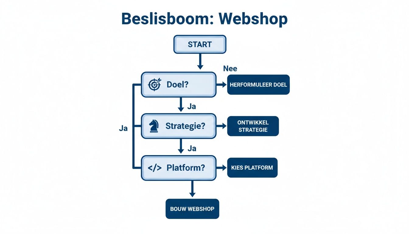 Stroomschema of beslissingsboom voor het bouwen van een webshop, startend met doel, strategie en platform.