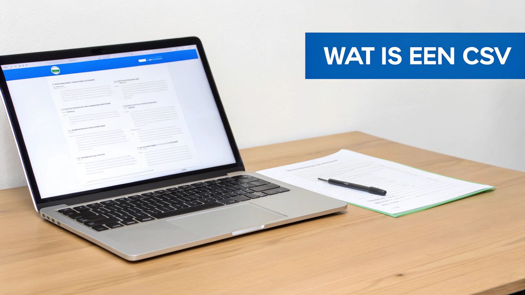 Laptop op houten bureau met document en pen, en een blauwe banner 'WAT IS EEN CSV'.
