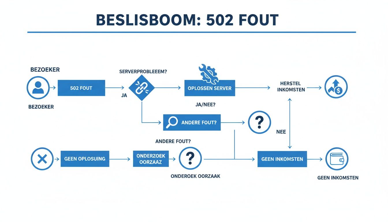 Beslisboom die stappen toont voor het oplossen van een 502 FOUT en de impact op inkomsten.