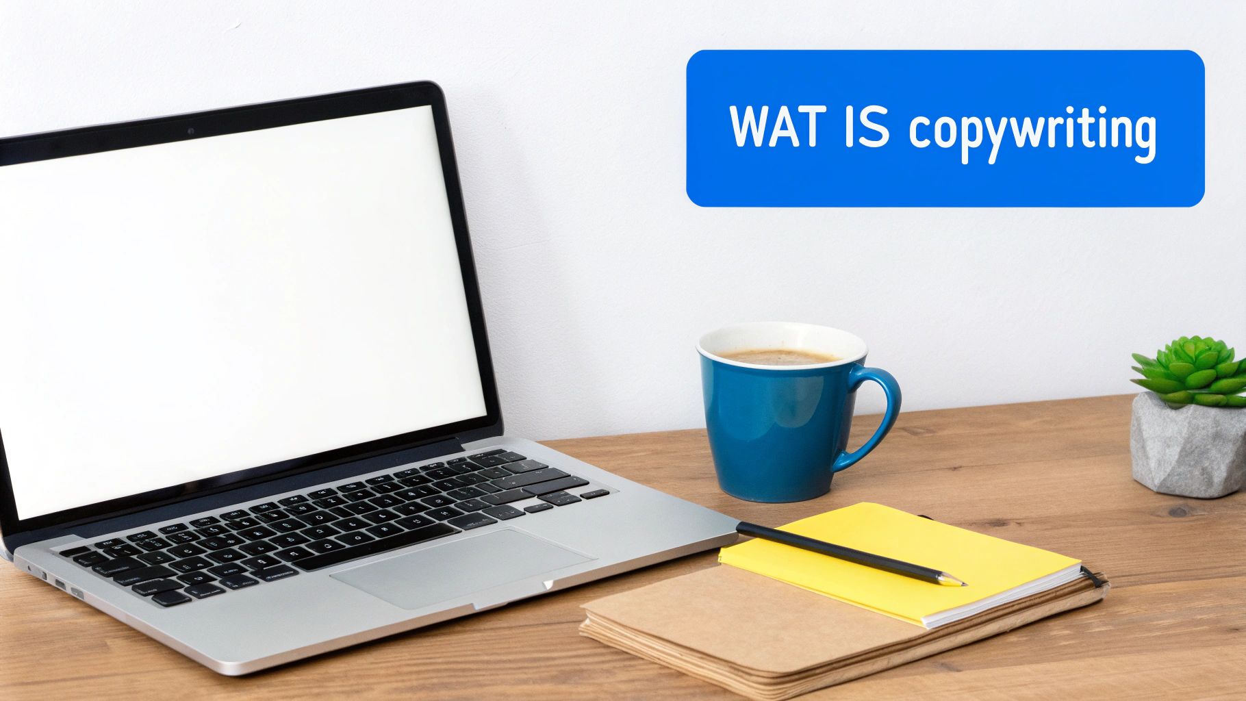 Laptop, koffiemok, notitieboekjes en plant op een houten bureau. De tekst luidt: 'WAT IS copywriting'.