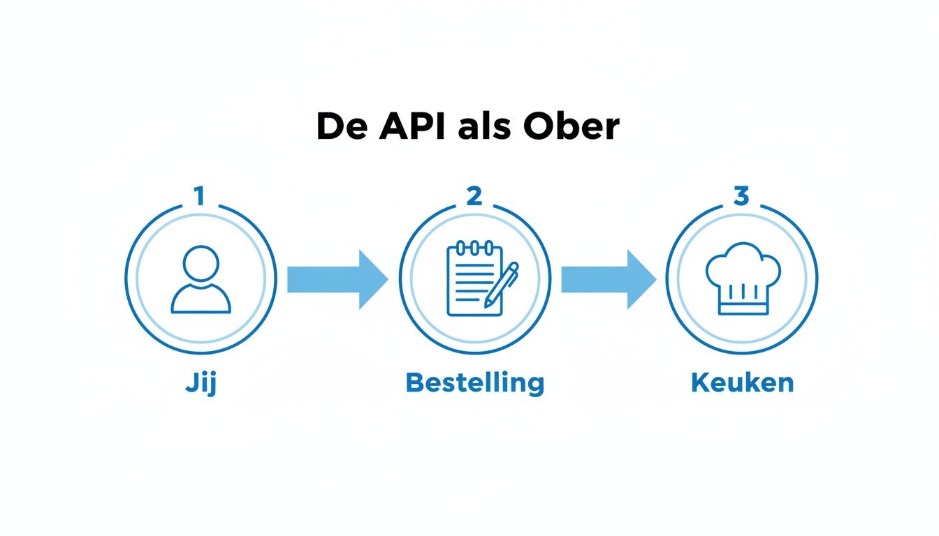 Een diagram dat de API uitlegt als een ober, met de stappen Jij, Bestelling en Keuken.