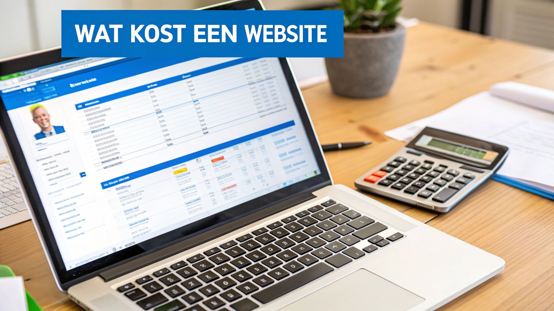Een laptop met bedrijfssoftware en de tekst 'WAT KOST EEN WEBSITE', samen met een calculator en pen op een houten bureau.
