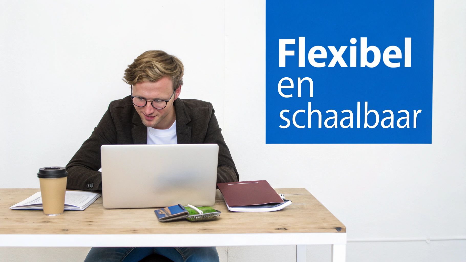 Man met bril werkt aan laptop op bureau, met de tekst 'Flexibel en schaalbaar' op de achtergrond.