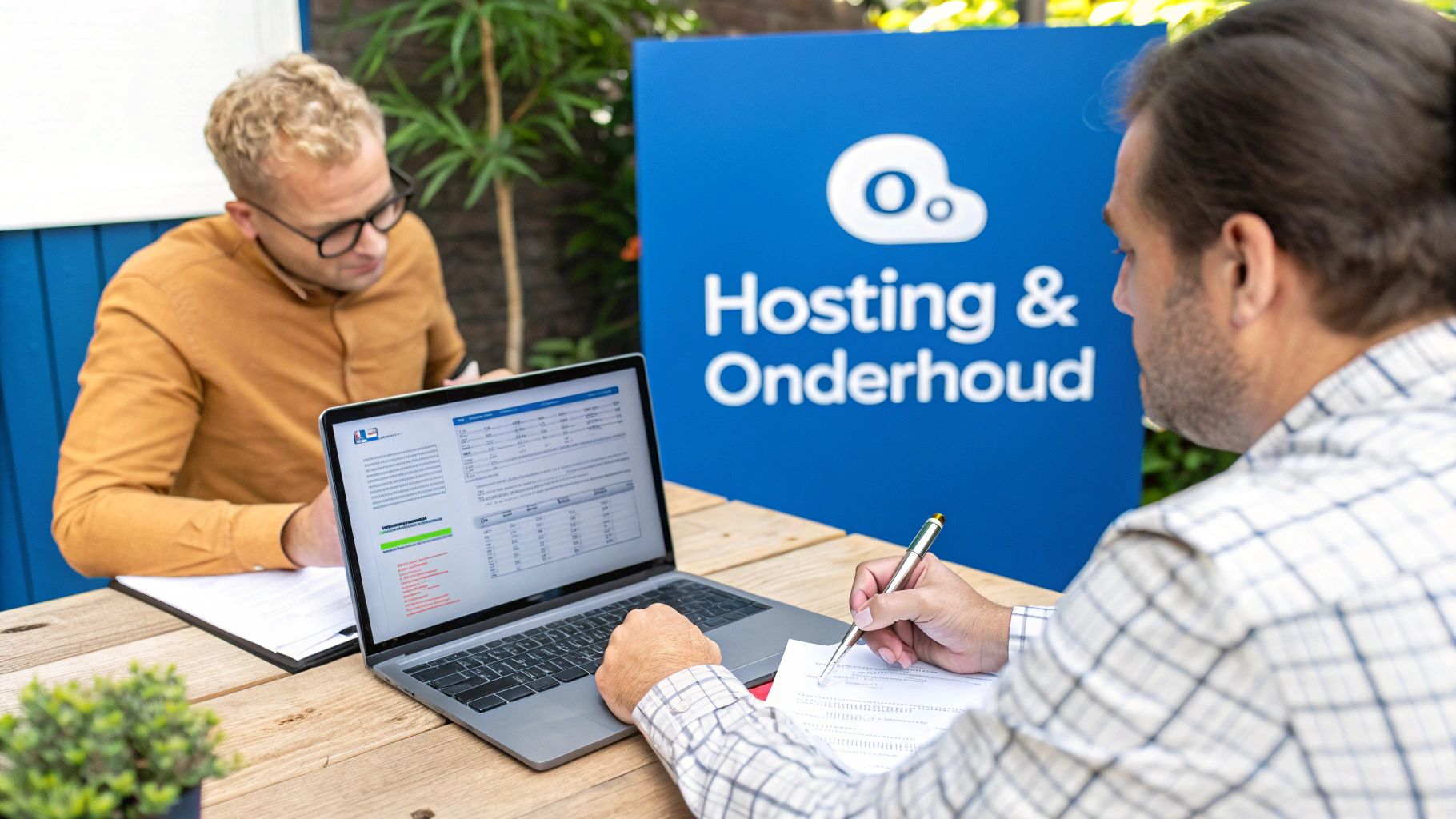 Twee mannen werken samen aan een houten tafel, één kijkt naar een laptop, de ander schrijft. Blauw bord met 'Hosting & Onderhoud' op de achtergrond.