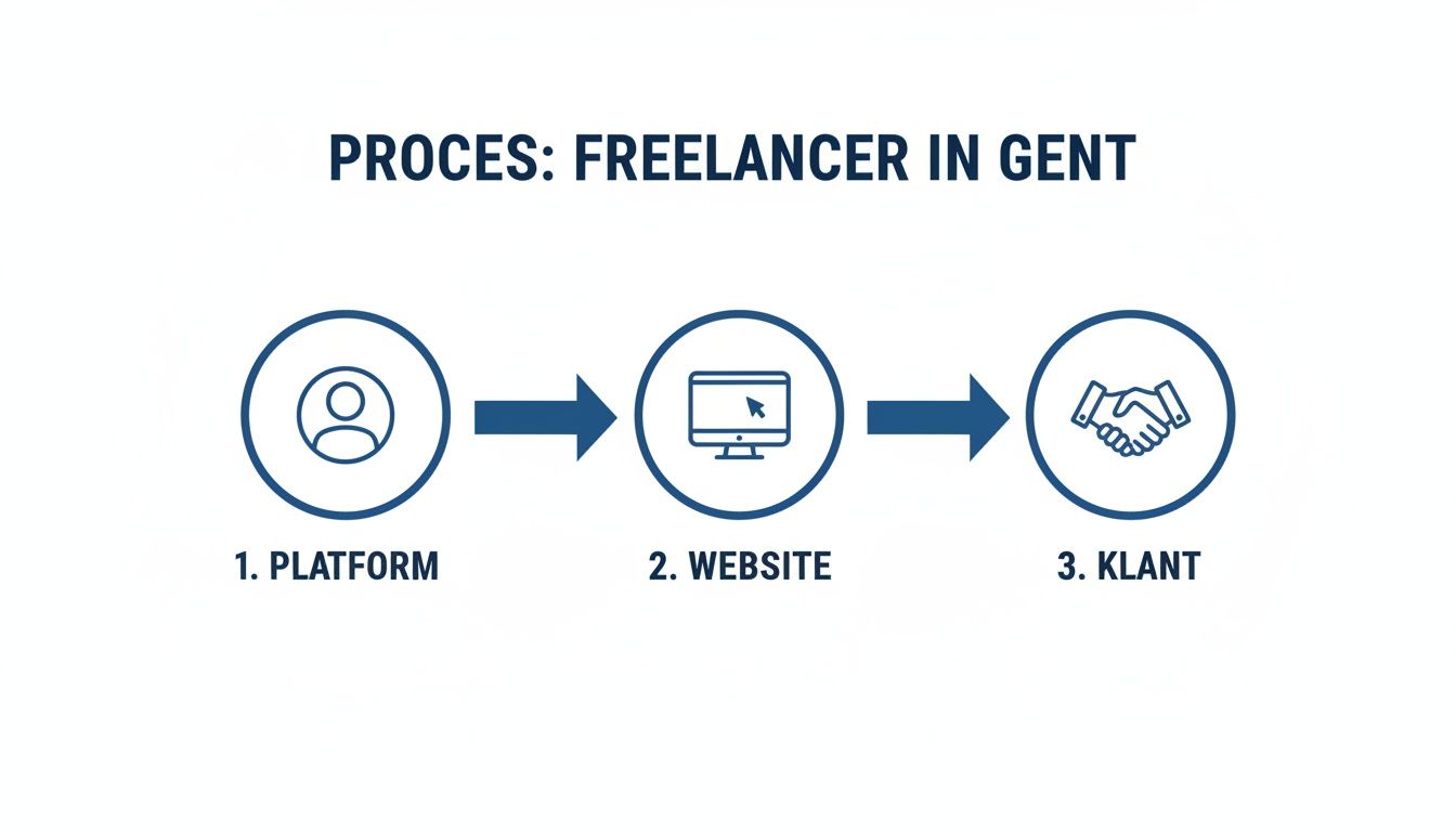 Proces voor freelancers in Gent. Drie stappen: platform, website en klant, verbonden met pijlen.