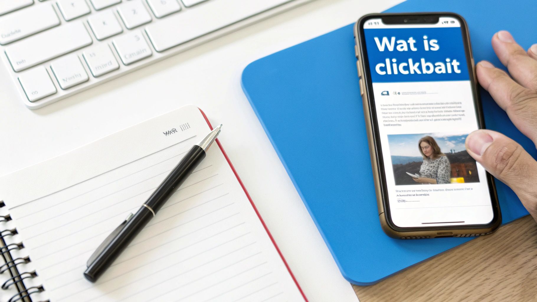 Een hand houdt een smartphone vast met een artikel over clickbait. Op de achtergrond liggen een toetsenbord en notitieblok.