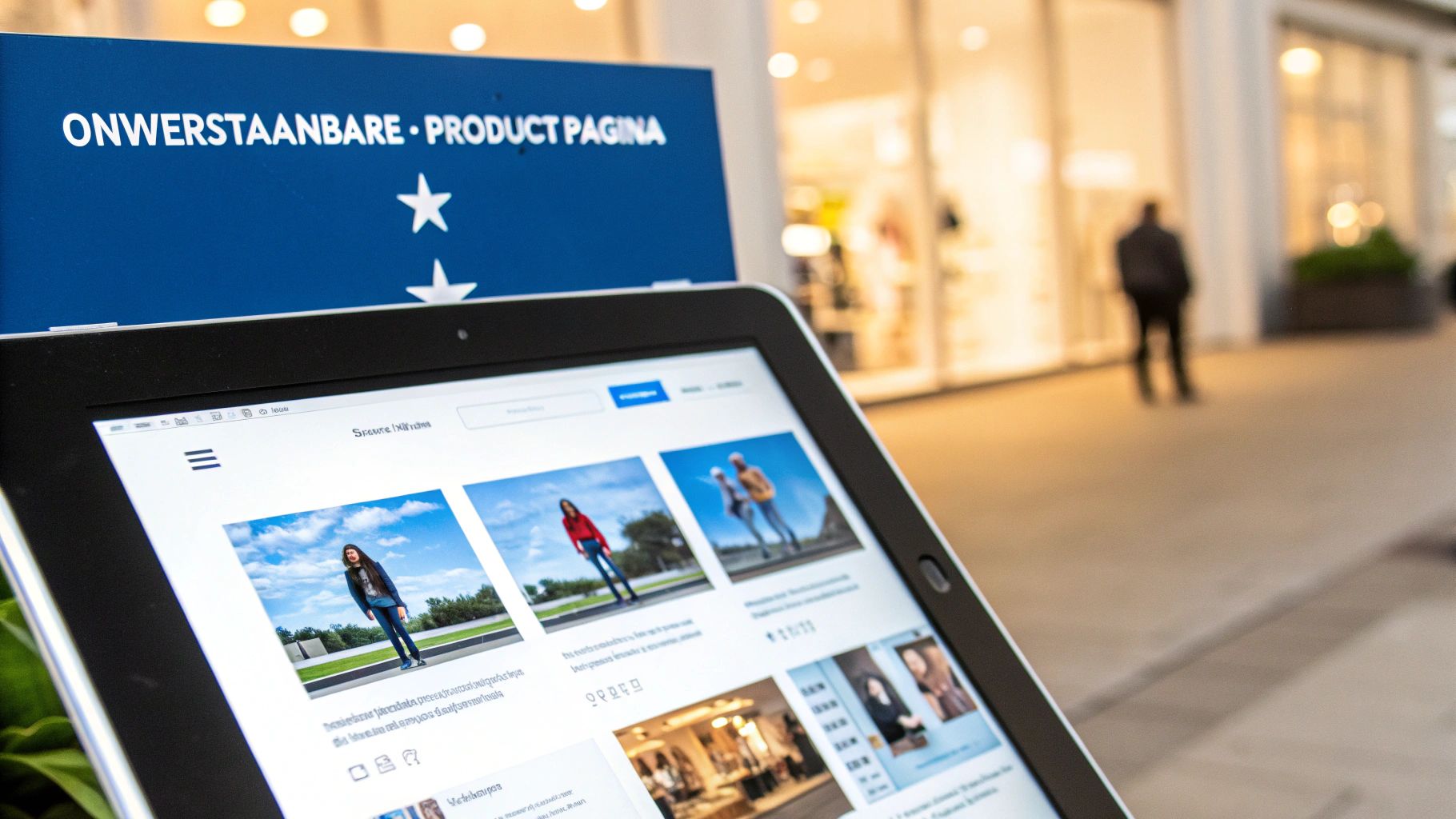 Een tablet met een webshop vol productfoto's van mensen, voor een blauw bord met tekst en sterren op een winkelstraat.