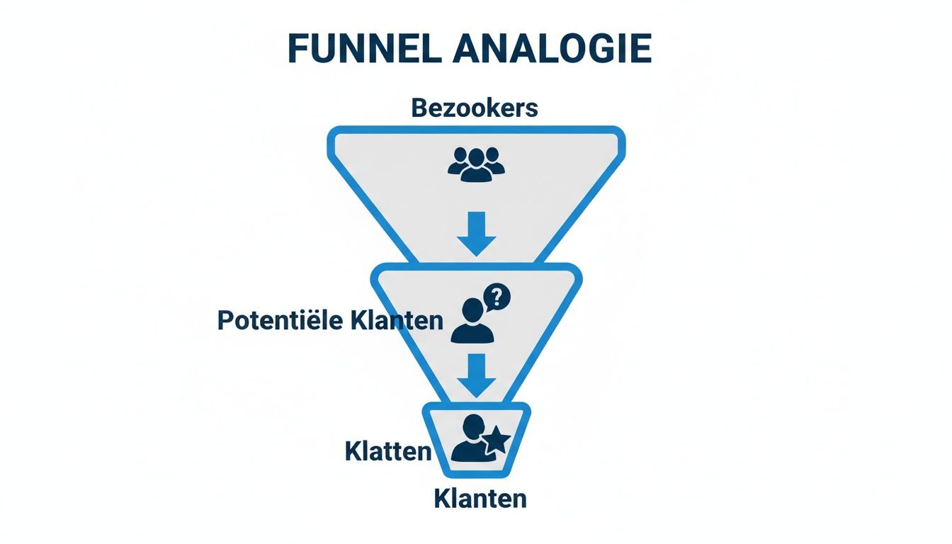 Een trechterdiagram met de stappen van bezoekers naar potentiële klanten en uiteindelijk naar daadwerkelijke klanten.