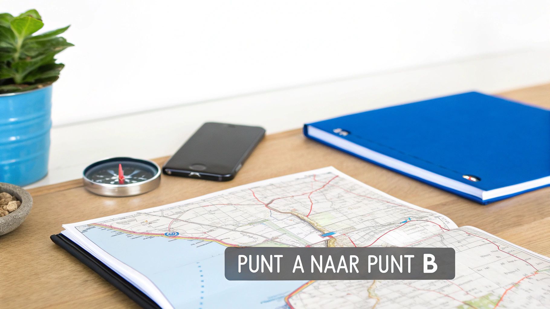 Een overzicht van een bureau met een open kaart, kompas, telefoon en plant, klaar voor een reisplanning van Punt A naar Punt B.