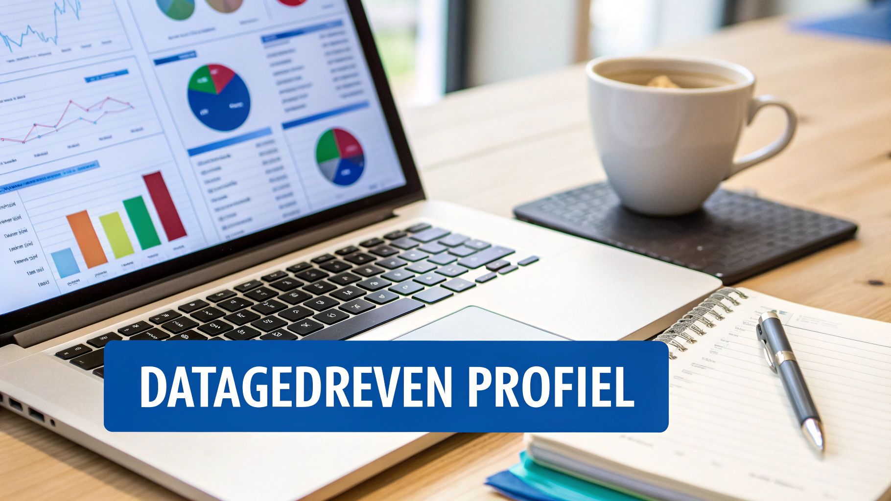 Laptop met datagestuurde dashboards, koffie en notitieboekje op een houten bureau met de tekst 'DATAGEDREVEN PROFIEL'.