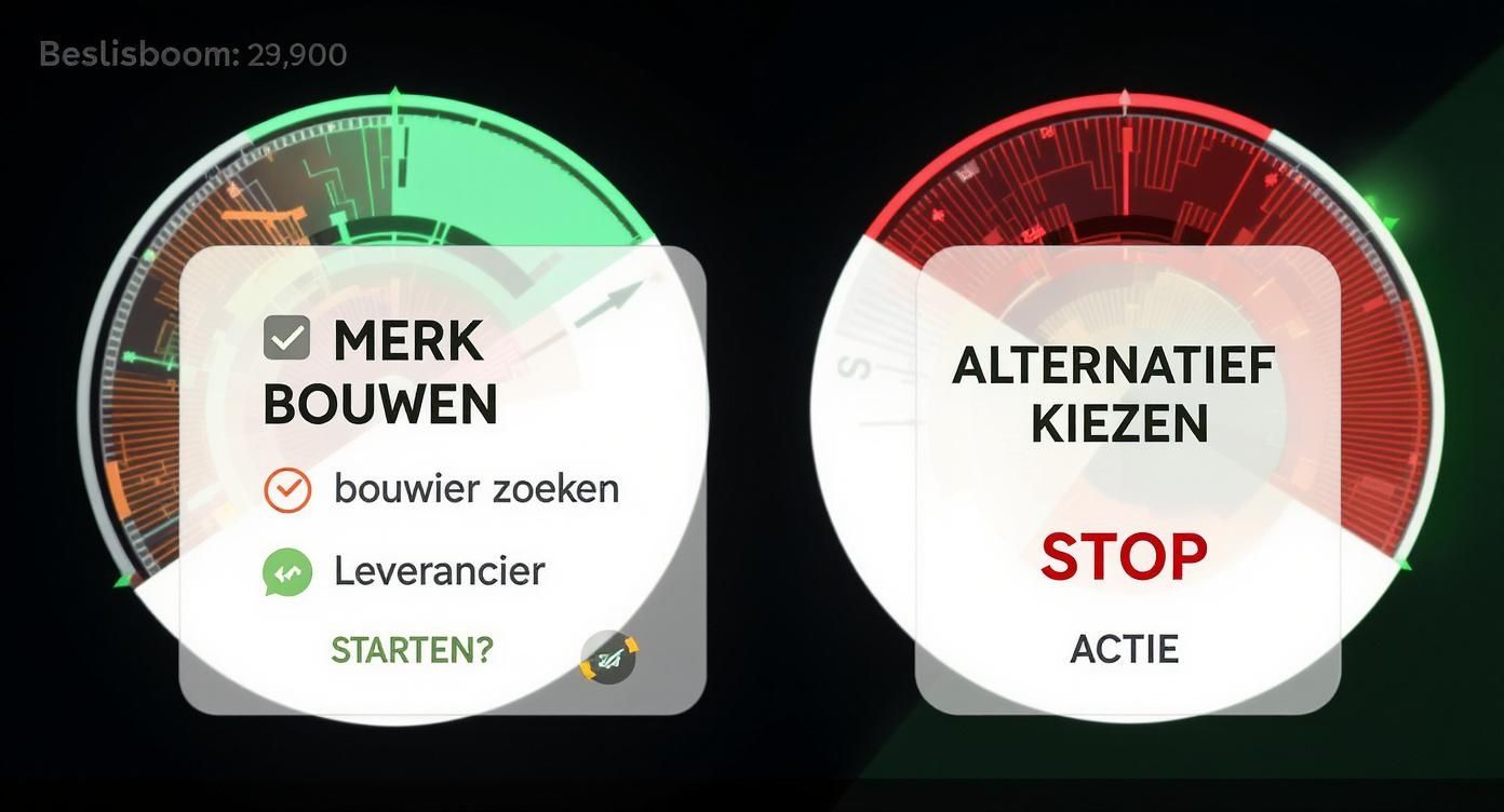 Twee interactieve beslissingsschijven, één groen voor 'Merk Bouwen' en één rood voor 'Alternatief Kiezen', met actie-opties.