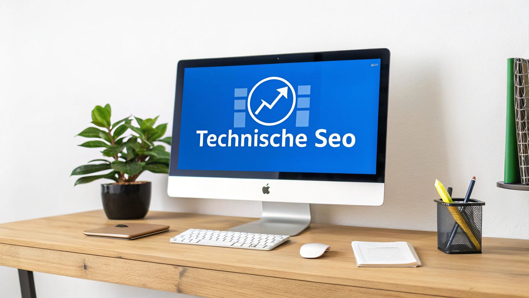 Een kantoor met een iMac op een houten bureau, waarop 'Technische Seo' en een groeigrafiek staan.
