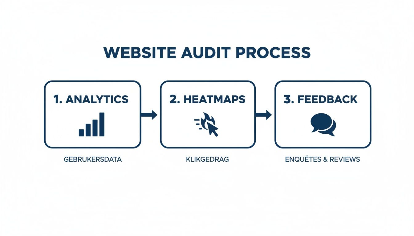 Een infographic toont het website audit proces met stappen voor analytics, heatmaps en feedback.