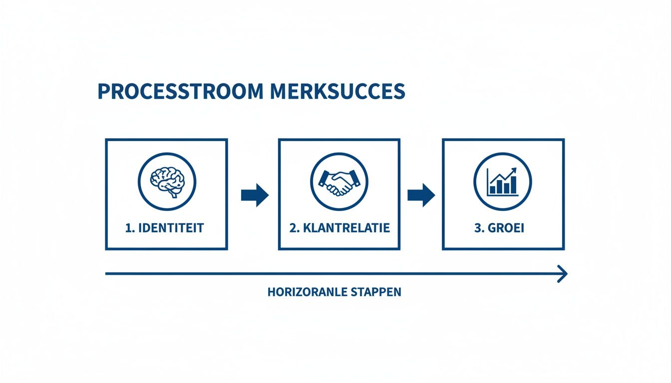 Een schematische weergave van de processtroom voor merksucces, met stappen zoals identiteit, klantrelatie en groei.