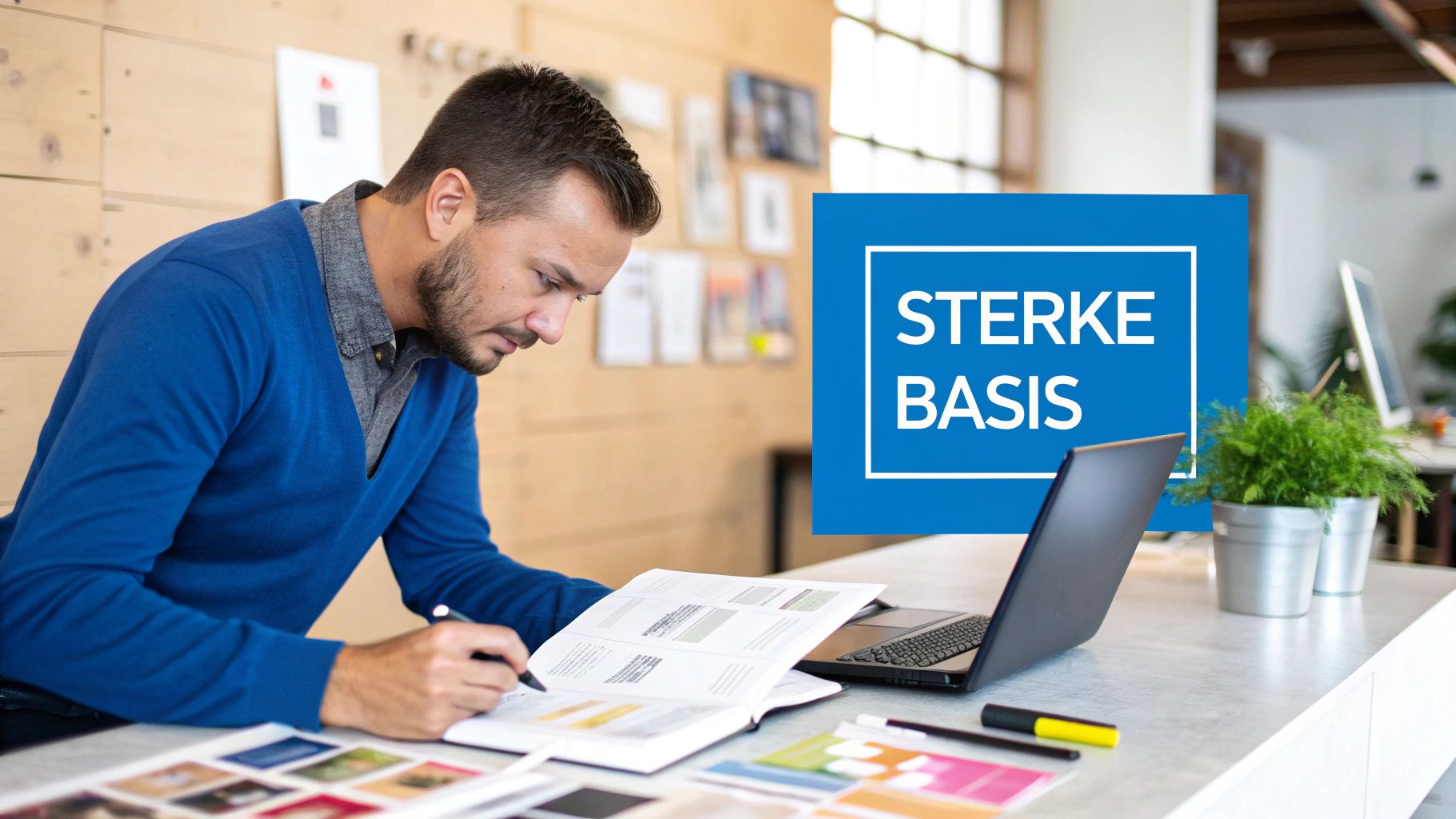 Een man werkt geconcentreerd aan een bureau met laptop en documenten, met een 'STERKE BASIS' overlay.