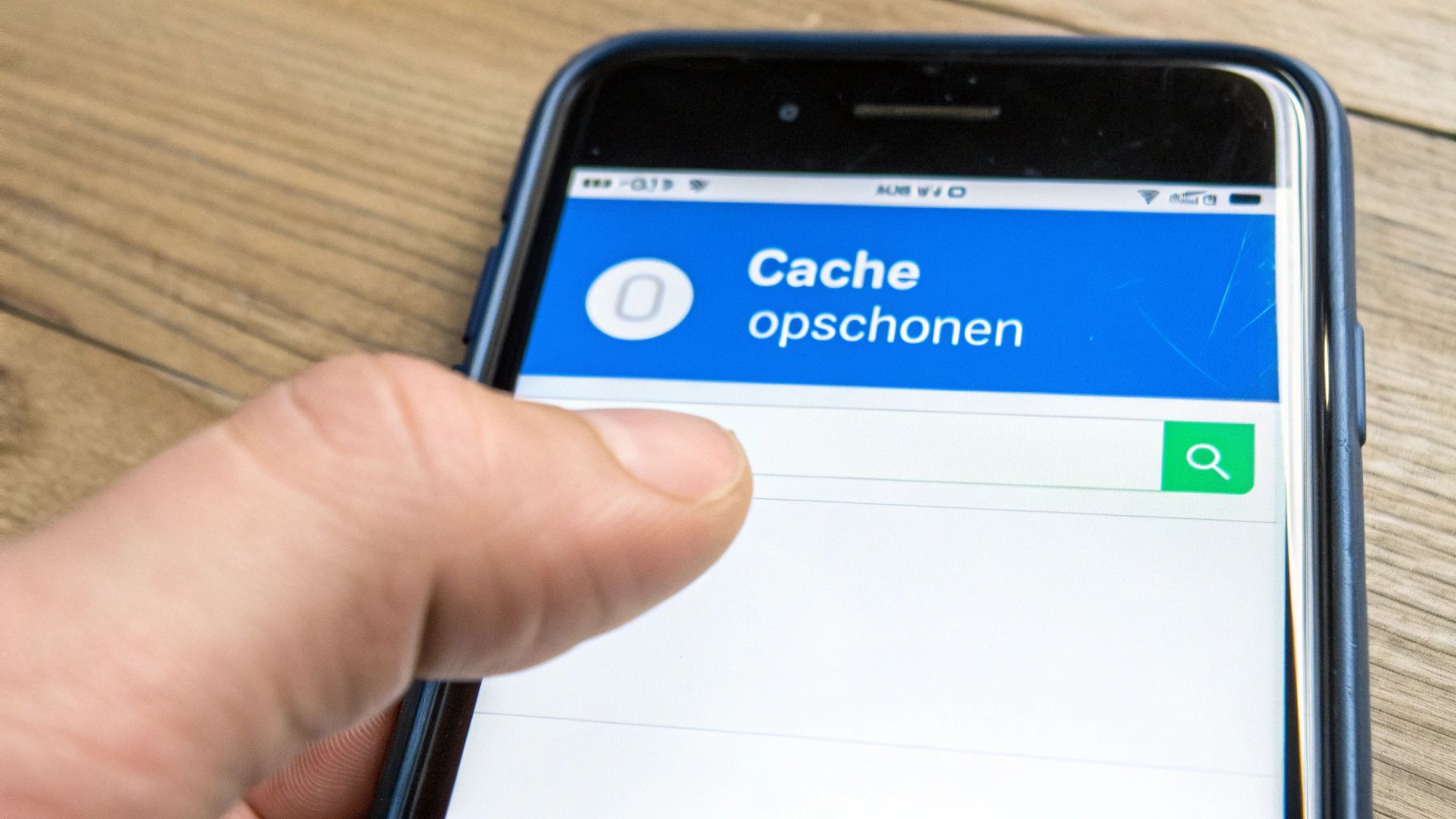 Een hand tikt op een smartphone die 'Cache opschonen' toont, met een zoekbalk eronder.