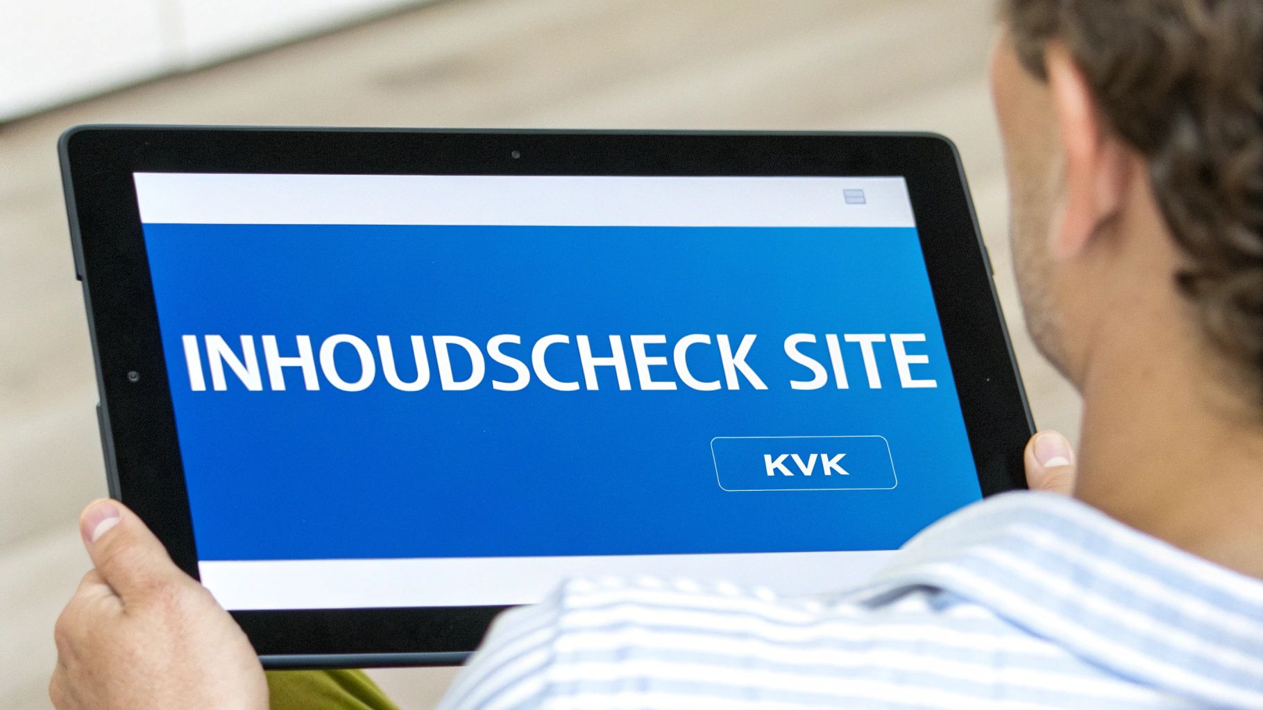 Een persoon houdt een tablet vast met de tekst 'Inhoudscheck Site' en 'KVK' op een blauw scherm.