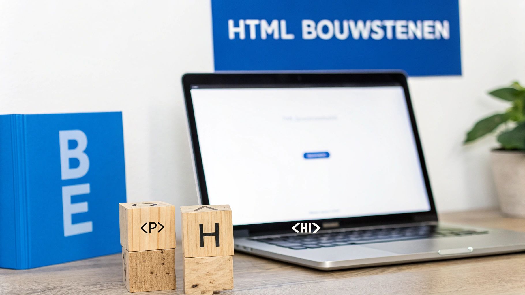 Een bureau met een laptop, een blauwe HTML bouwstenen poster en houten blokken met HTML-tags.