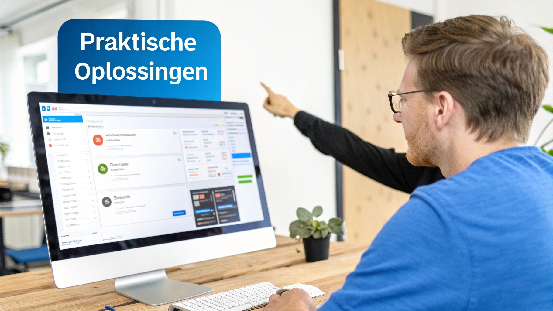 Man werkt aan computer terwijl collega wijst, illustreert praktische oplossingen in een kantooromgeving.