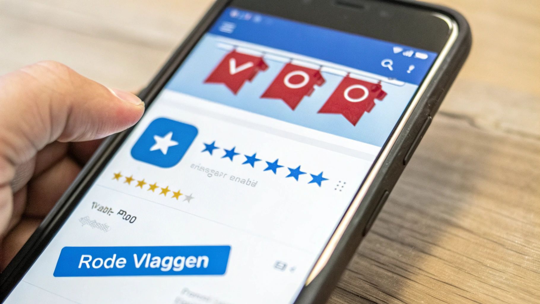 Een hand houdt een smartphone vast die een appwinkelpagina toont met het app-icoon, sterrenbeoordelingen en de tekst 'Rode Vlaggen'.