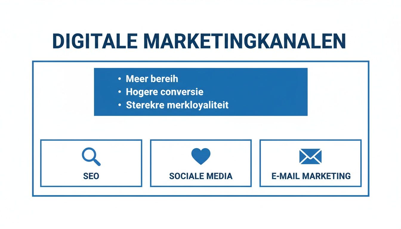 Infographic toont digitale marketingkanalen: SEO, sociale media en e-mailmarketing, met voordelen als meer bereik en conversie.