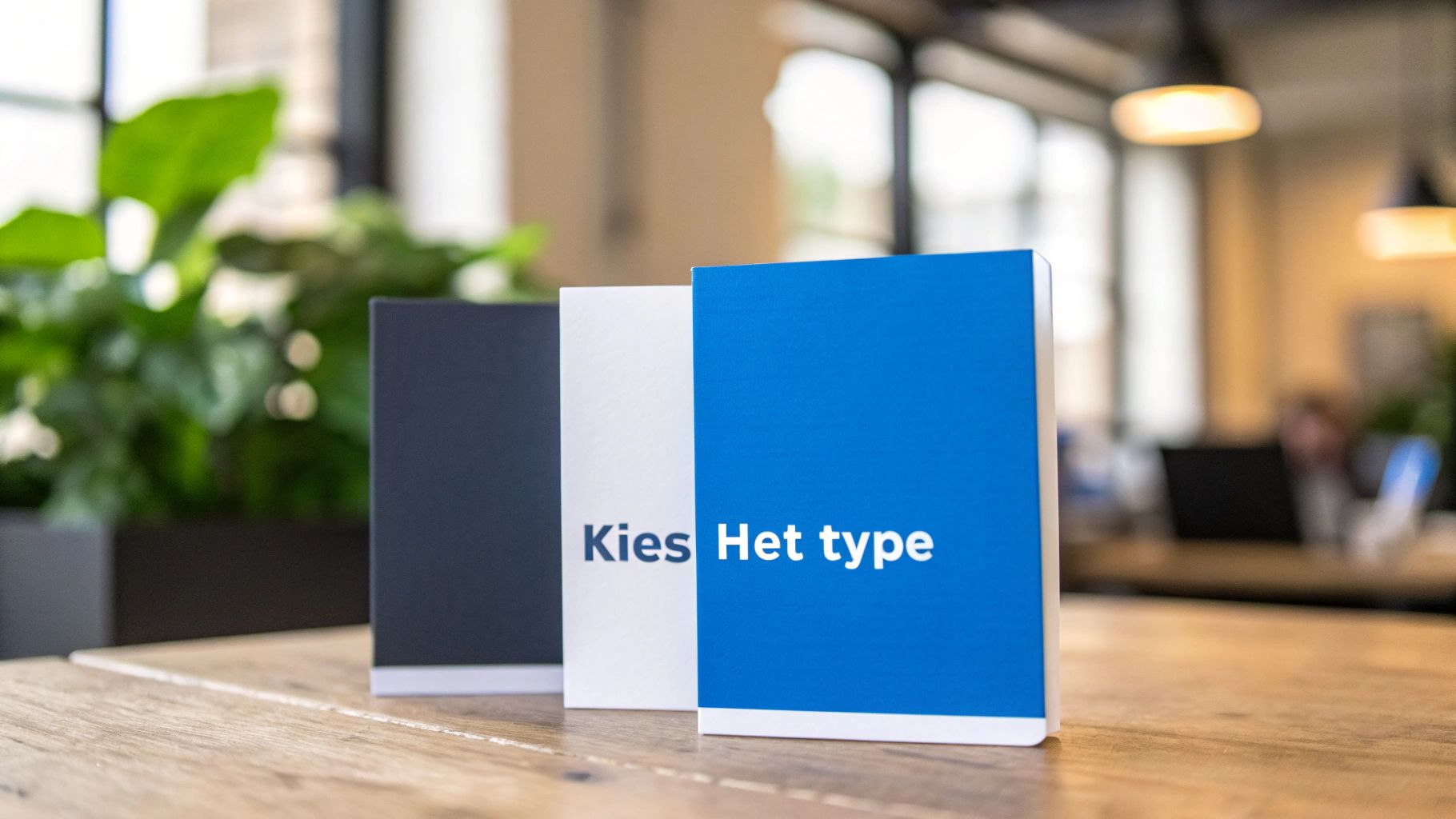 Drie boeken, zwart, wit en blauw, staan rechtop op een houten tafel met de tekst 'Kies Het type'.