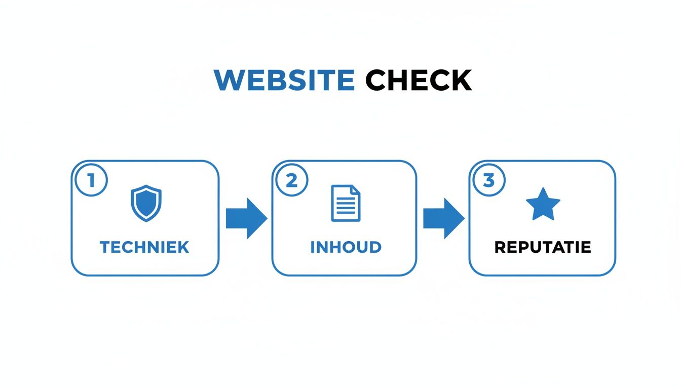 Een infographic die de drie stappen van een websitecheck illustreert: techniek (schild), inhoud (document) en reputatie (ster).