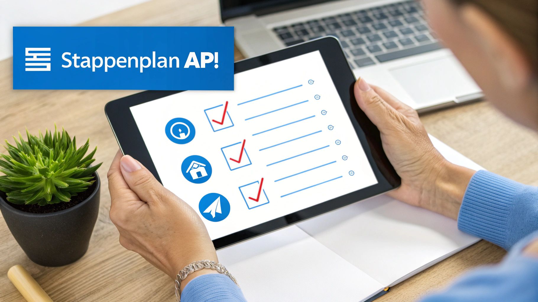 Een persoon houdt een tablet vast met een digitale checklist en icoontjes, met een 'Stappenplan AP!' banner.