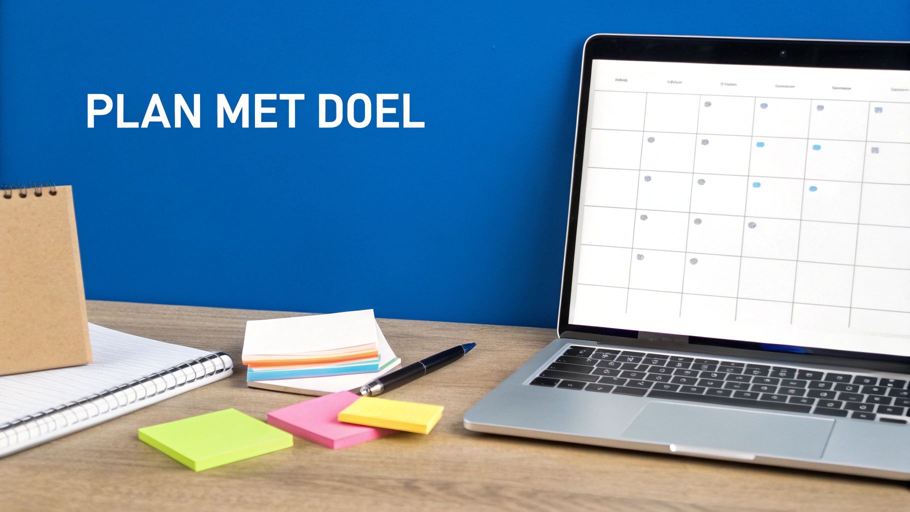 Een bureau met een laptop die een kalender toont, notitieblokken en de tekst 'PLAN MET DOEL' op een blauwe achtergrond.