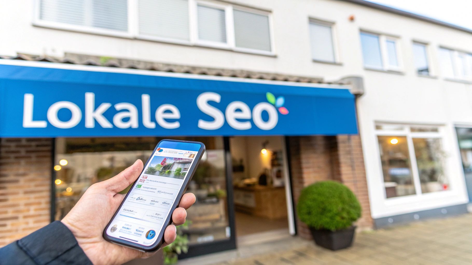 Hand met smartphone voor een bedrijfspand met 'Lokale Seo' uithangbord. Toont online resultaten voor MKB.