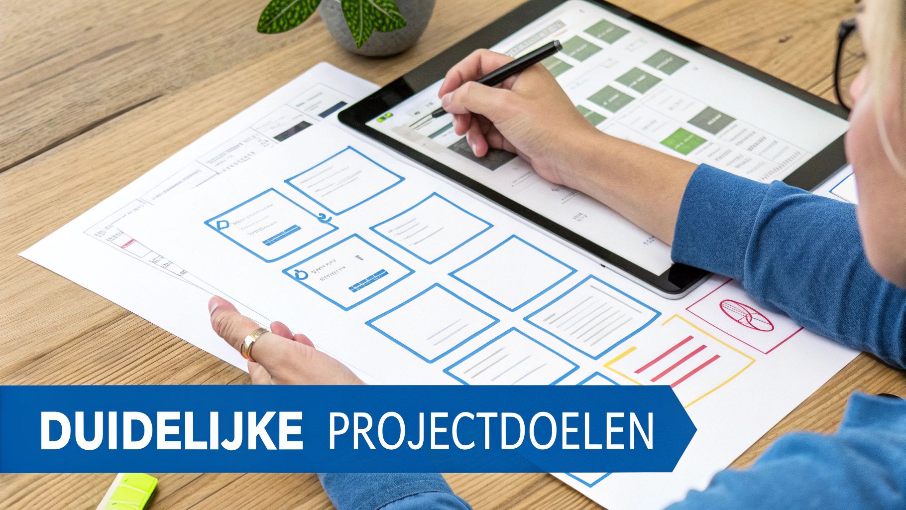 Een webdesigner werkt aan een nieuw project met wireframes op papier en een tablet.