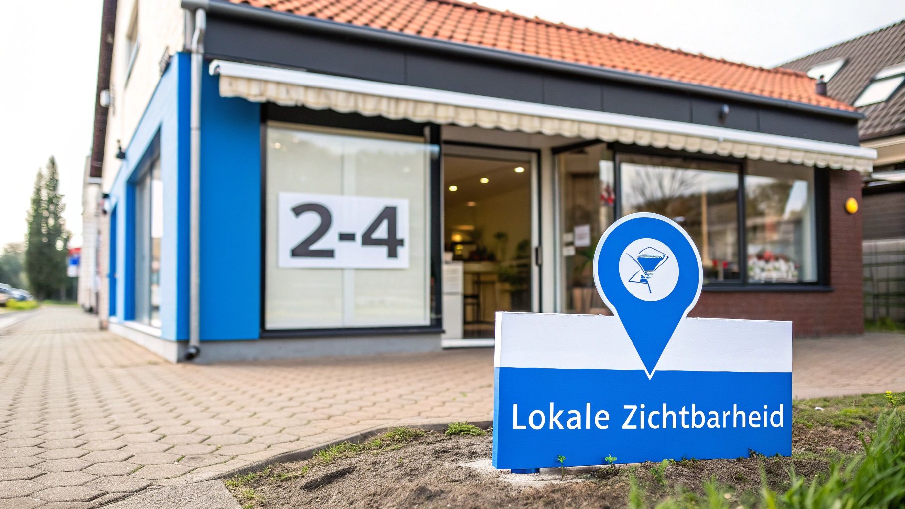 Een gebouw met blauwe accenten en een buitenbord 'Lokale Zichtbaarheid' met een pin-icoon voor SEO.