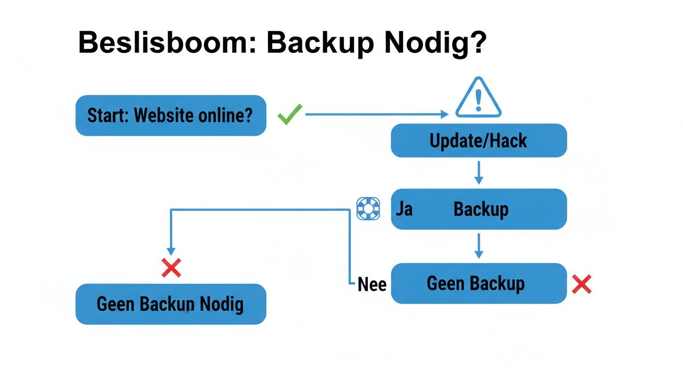 Beslisboom over back-upbeheer voor websites, inclusief scenario's voor online status en updates.