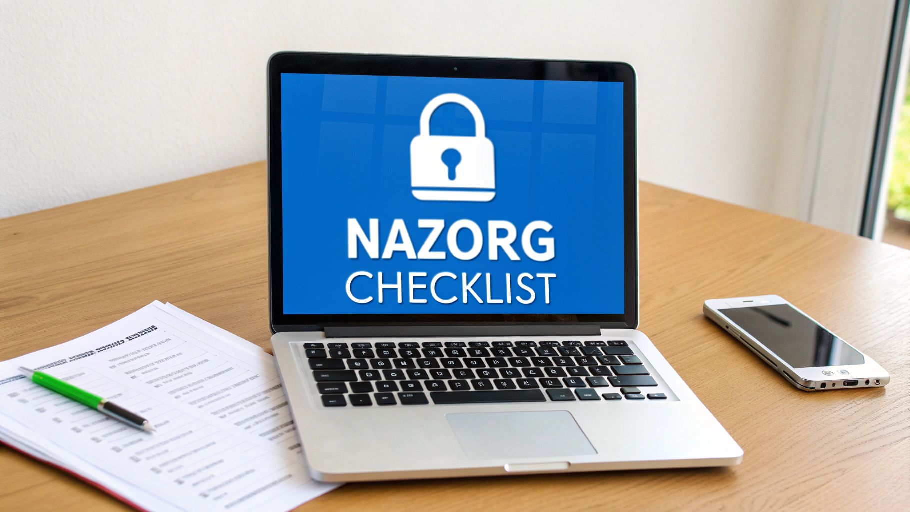 Laptop op een bureau toont 'NAZORG CHECKLIST' met een hangslot. Er liggen ook documenten en een smartphone.