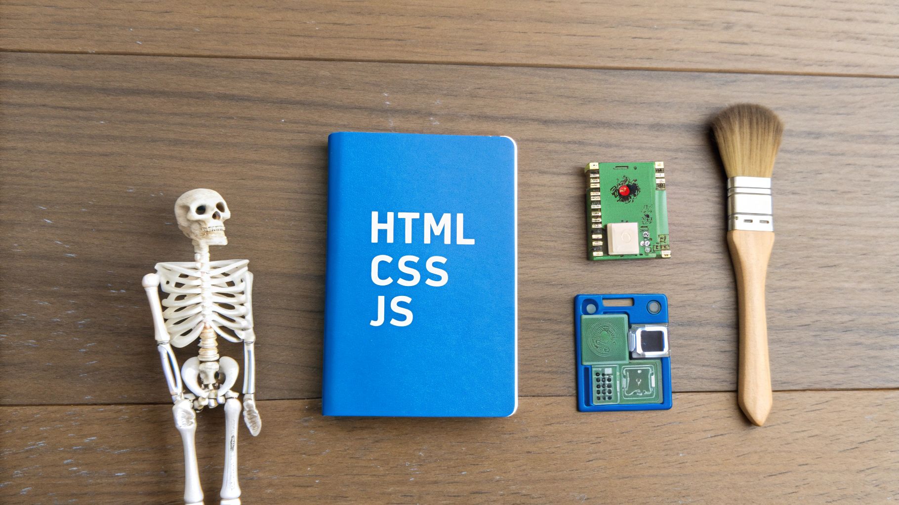 Een skelet, een blauw notitieboek met HTML CSS JS, twee printplaten en een kwast op een houten ondergrond.
