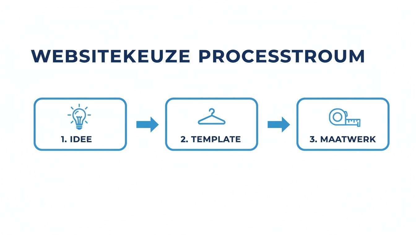 Stroomdiagram toont drie stappen voor websitekeuze: idee, template en maatwerk.