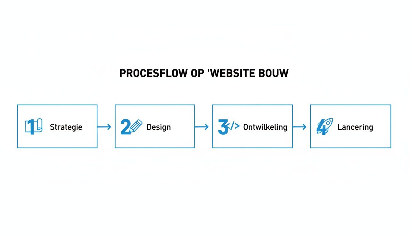 Een duidelijke procesflow met vier stappen voor het bouwen van een website: strategie, design, ontwikkeling en lancering.