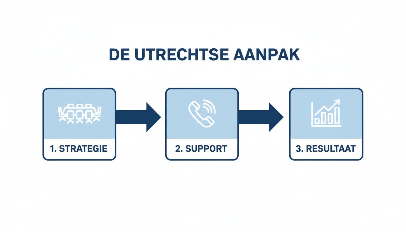 Visuele weergave van 'De Utrechtse Aanpak': strategie, support en resultaat, met bijbehorende iconen.