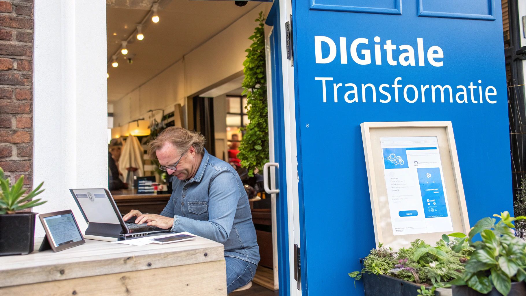 Man werkt op laptop buiten een winkel met 'Digitale Transformatie' op de blauwe deur.