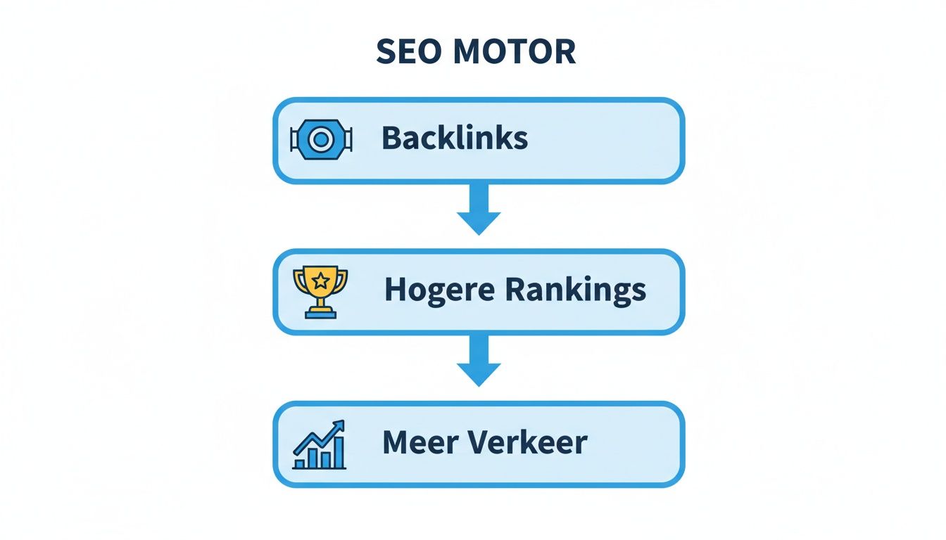 Een stroomschema over SEO dat toont hoe backlinks leiden tot hogere rankings en meer websiteverkeer.
