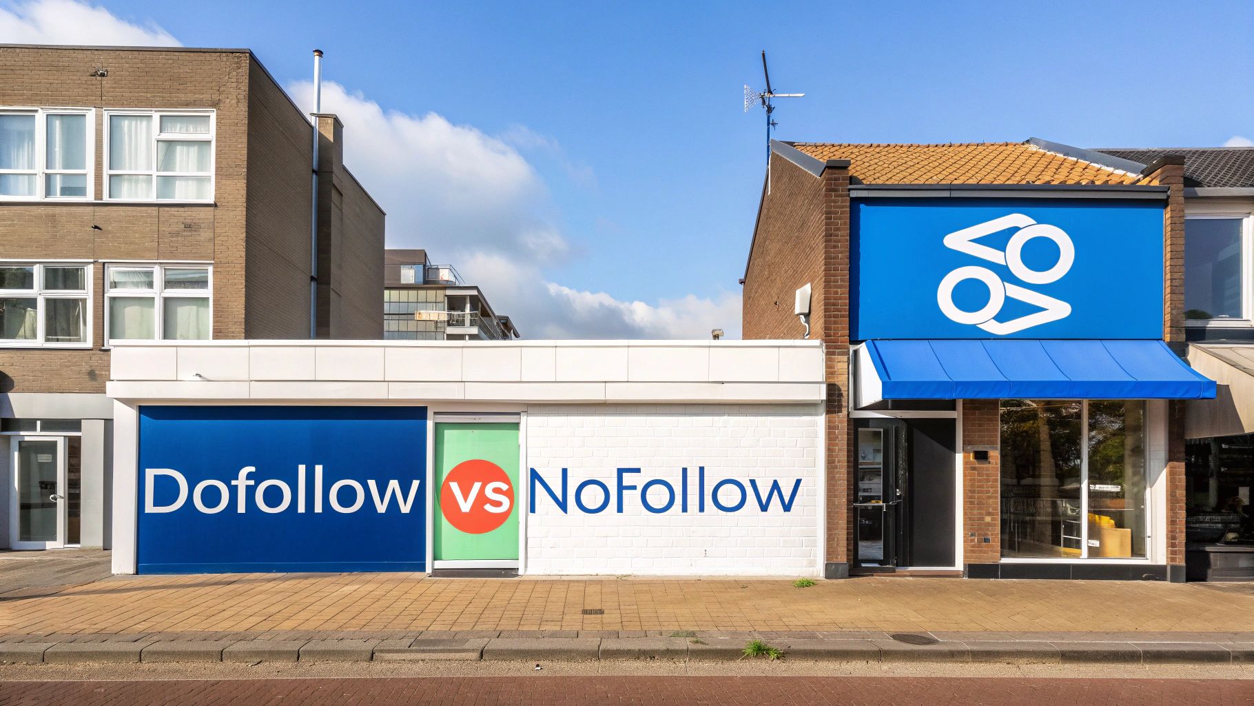 Een straatbeeld met twee gebouwen. Het linker gebouw toont 'Dofollow vs NoFollow' en het rechter gebouw heeft een blauw logo met luifel.