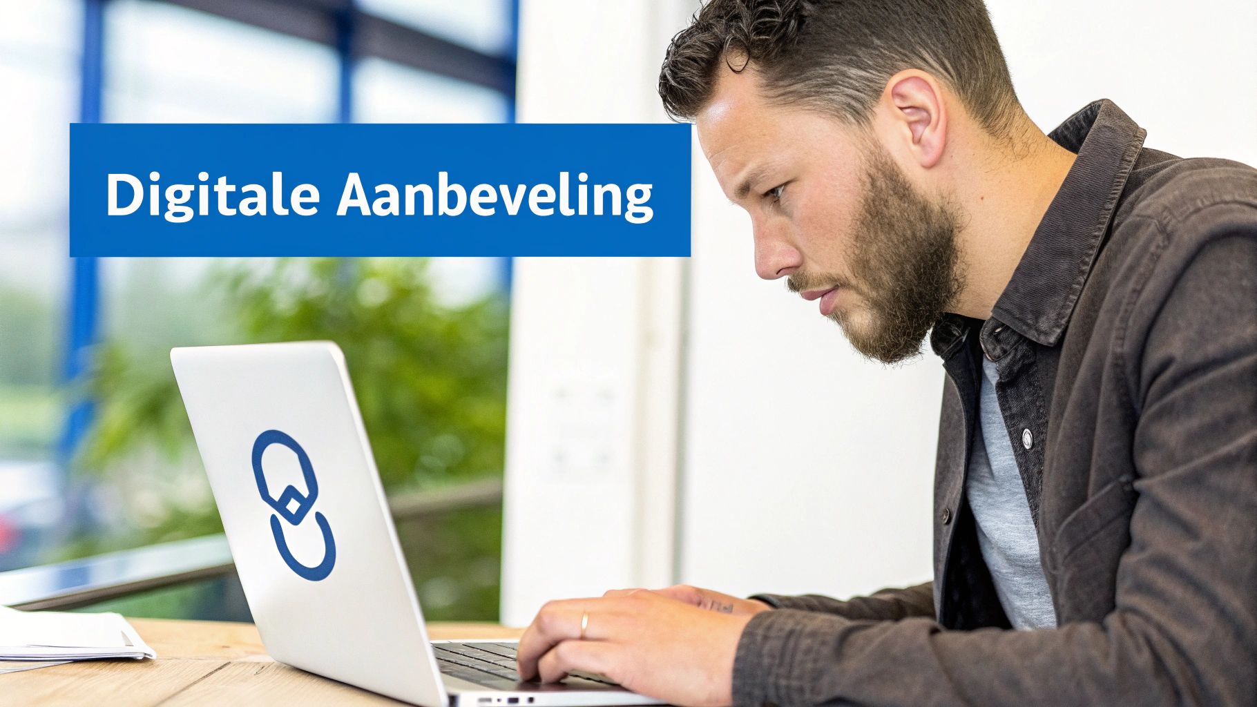 Man met baard werkt geconcentreerd op een laptop met een blauw logo, onder een banner met 'Digitale Aanbeveling'.
