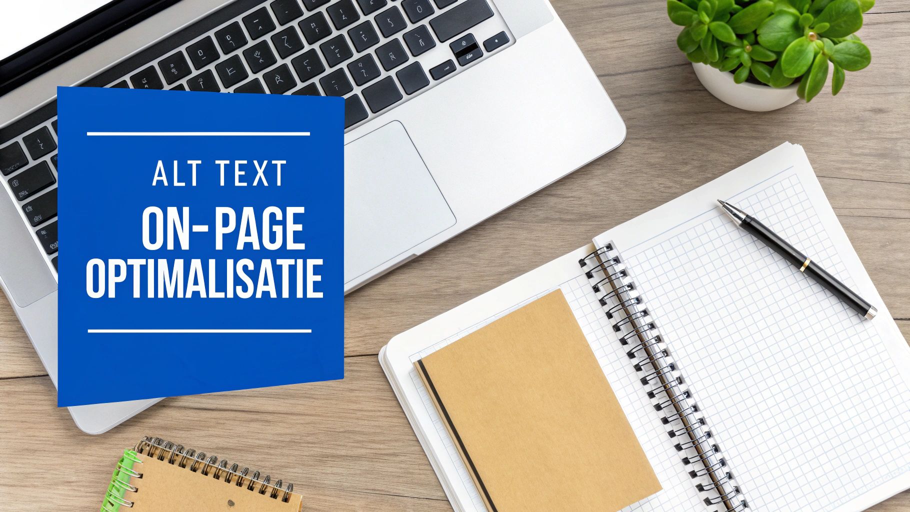 Bureaublad met laptop, notitieblokken en pen, waarop een blauw vlak de tekst 'ALT TEXT ON-PAGE OPTIMALISATIE' toont.