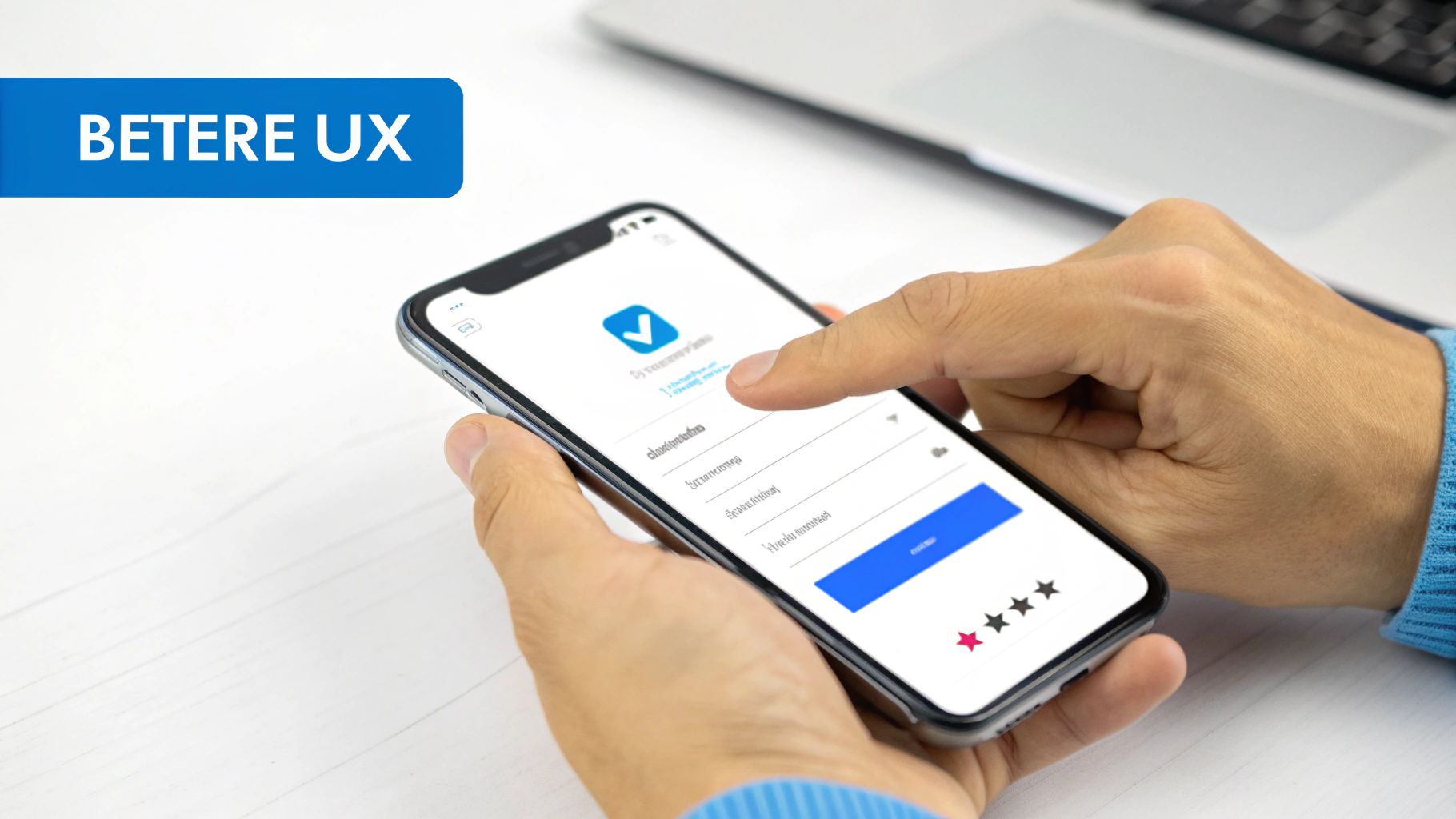Een persoon bedient een smartphone met een app die een vinkje-logo en tekstvelden toont, naast een banner met 'BETERE UX'.