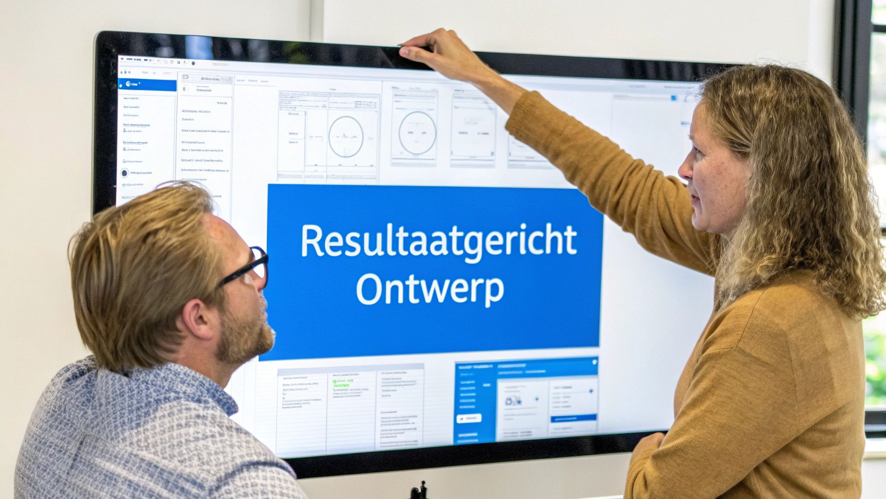 Twee mensen bespreken een 'resultaatgericht ontwerp' op een groot computerscherm in een professionele setting.