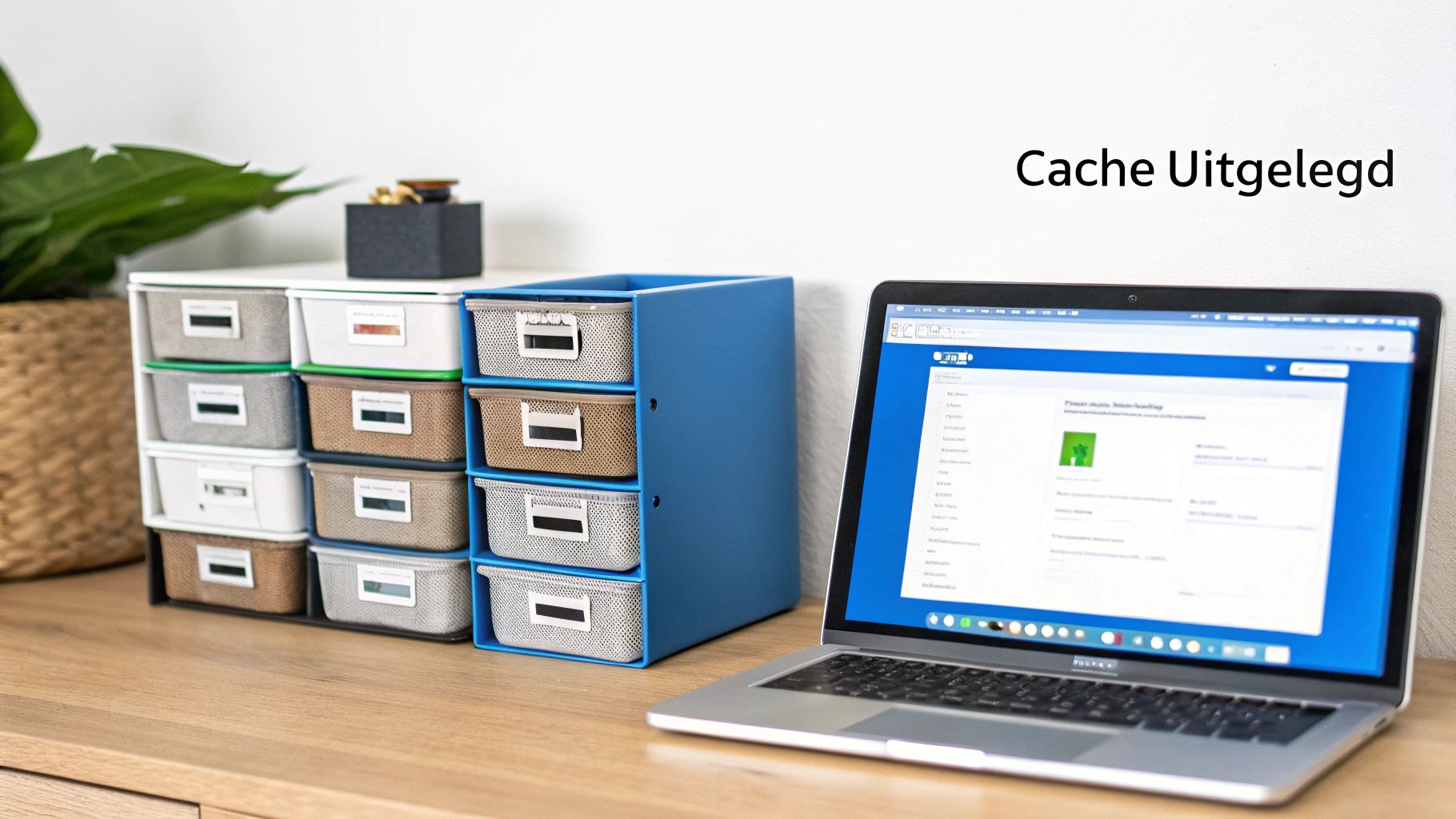 Een opgeruimde werkplek met een opengeklapte laptop, een ladeblok en een plant, met de tekst 'Cache Uitgelegd' op de muur.