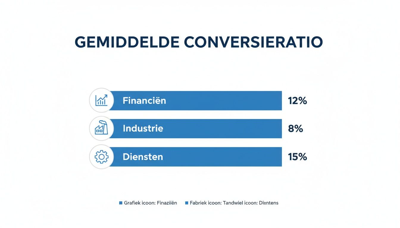 Een staafdiagram toont de gemiddelde conversieratio voor Financiën (12%), Industrie (8%) en Diensten (15%).