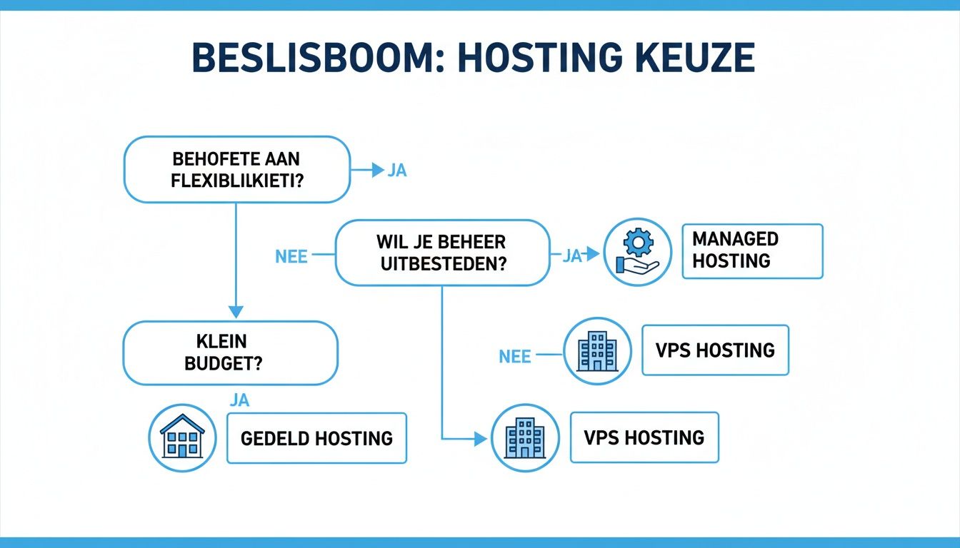 Beslisboom voor het kiezen van de juiste webhosting, met opties zoals gedeelde, VPS en managed hosting.