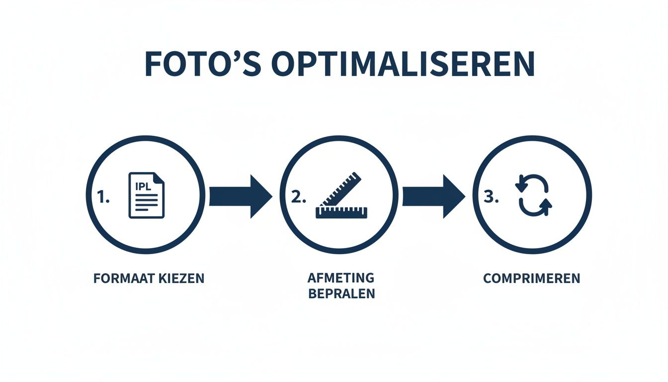 Stappenplan: foto's optimaliseren door formaat te kiezen, afmetingen te bepalen en te comprimeren.